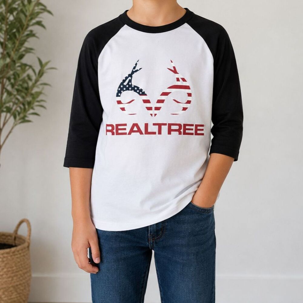 REALTREE Boys M 8-9 Raglan Graphic Tee Flag Logo Black White 3/4 Sleeve NWT #14